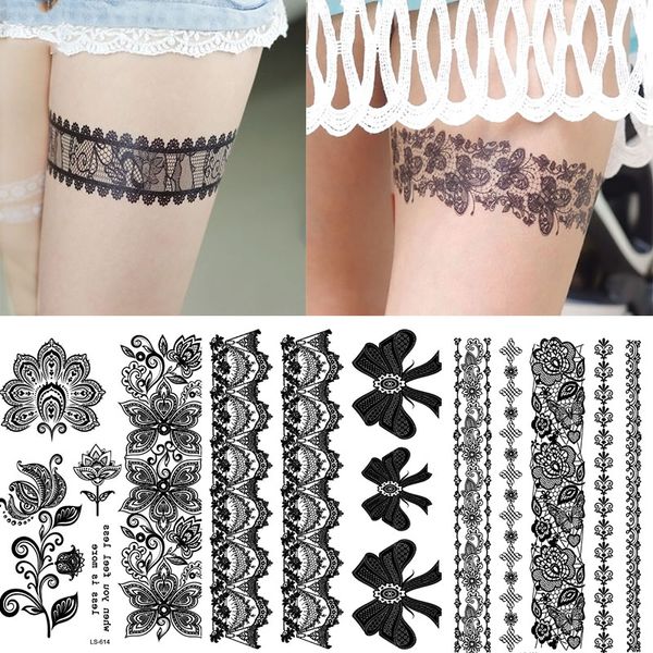 30 estilos Mujeres Tatuaje de encaje negro para cuello Brazos Manga transferencia de agua hoja de flor rosa Etiqueta engomada del tatuaje temporal RA018