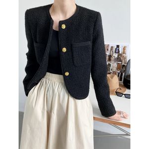 Manteau en Tweed 30% laine pour femme, Blazer court, noir et Beige, veste courte à boucle, 240219