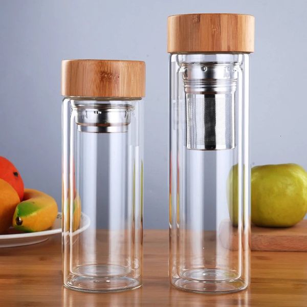 300/400 / 500ML Double paroi bouteille d'eau en verre filtres en acier inoxydable couvercle en bambou voyage maison Drinkware thé infuseur bureau tasse à thé 240104