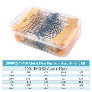 300/600pcs 1/4 W Caja de resistencia de película de metal Kit de resistencias de potencia: 30 valores 10ohm ~ 1m Resistencia 1% Set de resistencias DIY Electronic