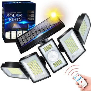 300 lumières murales solaires à LED extérieurs IP65 Capteur de mouvement étanche étanche rétracte 360 ﾰ Réglable 5 têtes Lampe de sécurité grand angle pour le jardin de la cour de patio