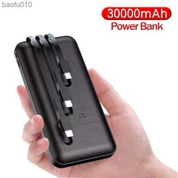 30000 mAh Power Bank 3USB Tragbares externes Ladegerät Schnellladung Externes Ladegerät Integrierte Kabel für iPhone mi L230712