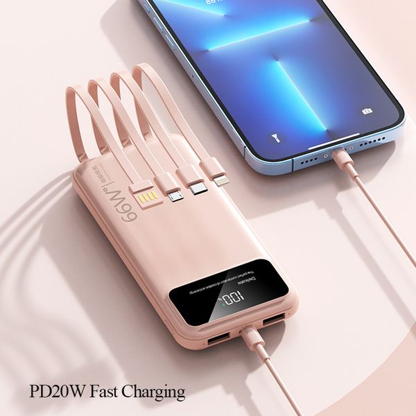 Banque d'alimentation de 30000mAh avec câble 66W Charge rapide Portable PD20W Powerbank External Battery Pack pour iPhone Xiaomi Mobile Phones
