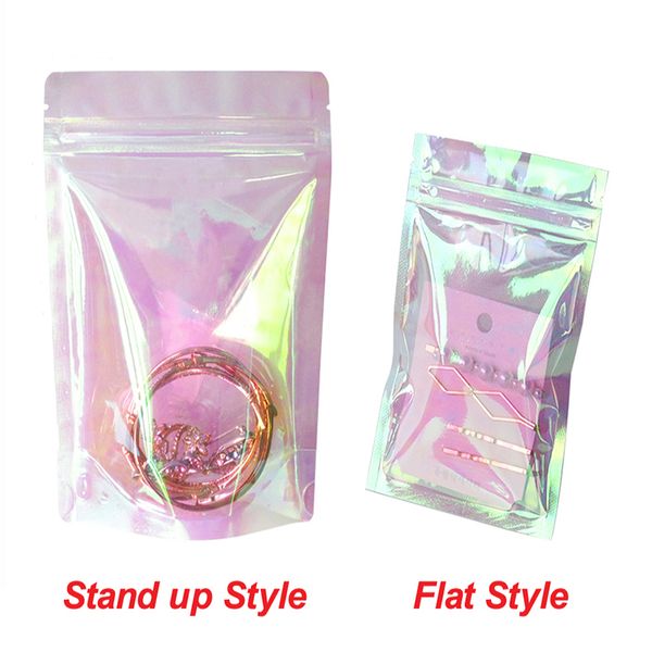 2000 pcs/lot en gros rose Stand Up holographique fermeture éclair emballage sac pochettes grande capacité Laser clair sacs en plastique pour bijoux cosmétiques