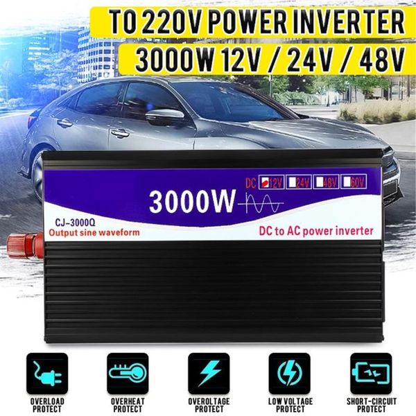 Onduleur 3000W 12V 24V 48V à 220V LCD affichage pur onduleur à onde sinusoïdale convertisseur de transformateur de tension pour voiture maison alimentation255f