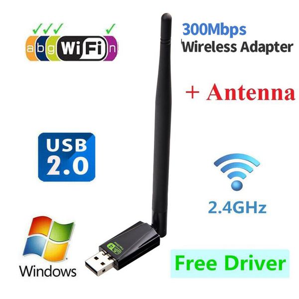 Adaptador WiFi USB de 300Mbps, controlador gratuito RTL8192 con antena externa de 5dBi, tarjeta de red Dongle Wi-Fi inalámbrica de alta velocidad de 2,4 ghz