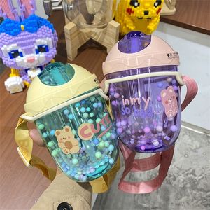 Botella de agua de plástico con pajita bonita de dibujos animados de 300Ml, taza para beber jugo transparente para exteriores, adecuada para niños adultos 220217