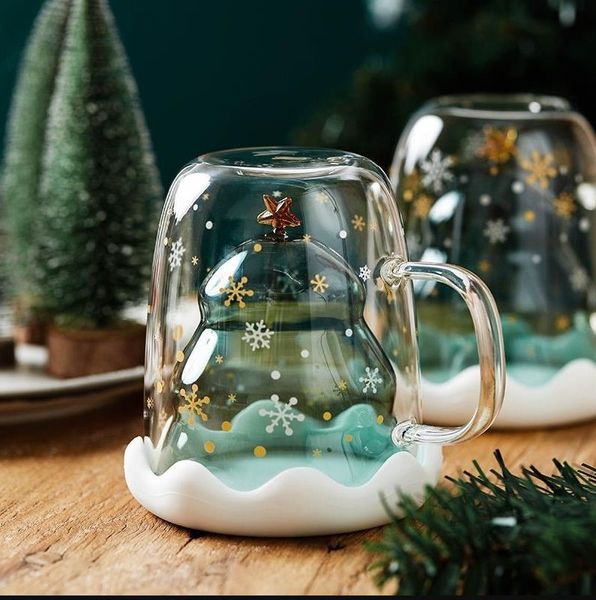 Taza creativa de Navidad de 300ML, taza de cristal resistente al calor de doble pared, bonita taza de leche para té y café, regalo de Navidad para niños, venta al por mayor, EE