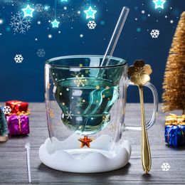 300 ml Creative Christmas Tree Glass Cup Hittebestendige dubbele wandglas Cup koffiemok met deksel Leuke kerstcadeaus voor meisjes