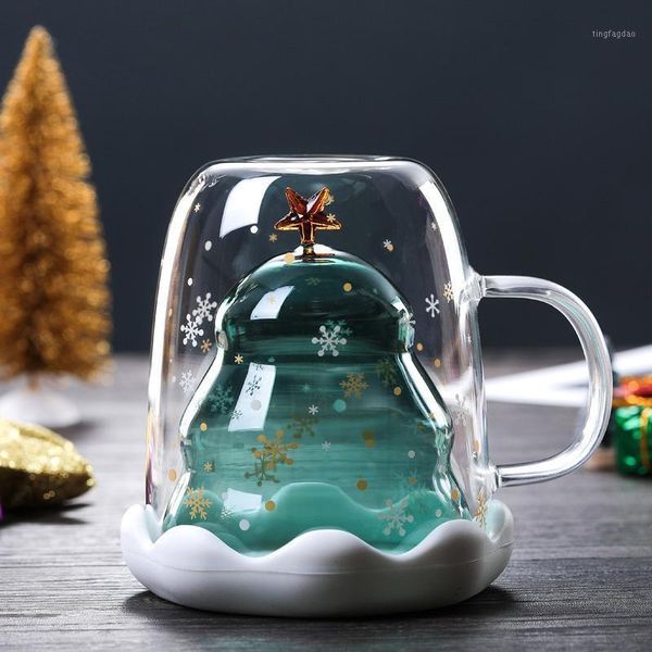 Tazas 300 ml de doble capa de vidrio anti escaldado Árbol de Navidad Cielo estrellado Taza de café Aislamiento térmico Desayuno Taza de leche Regalo para niños1