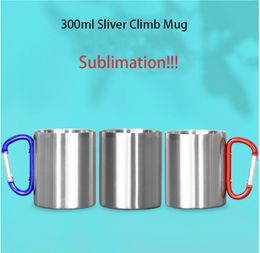 300 ml sublimatie Sliver Camping Coffee Mok met Carabiner Handle 11oz Camping Travel Cup met D-Ring Carabiner Hook voor buitensportkamperen Wandelklimmen