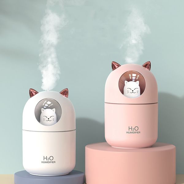 Humidificateur d'air USB 300ML, brumisateur ultrasonique avec lampe colorée, Mini diffuseur d'arôme de chat mignon