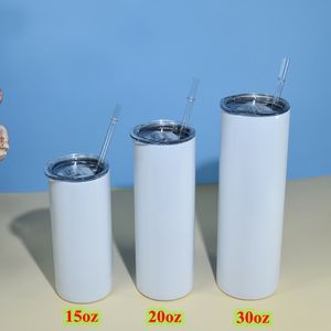 Gobelets droits de sublimation de 30 oz blanc Gobelet brillant maigre avec des boîtes de pailles transparentes Bouteille d'eau blanche en acier inoxydable Tasses isolées sous vide à double paroi