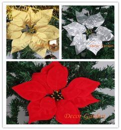 300pcs 22cm pour la décoration de Noël Fleurs artificielles Fleurs de soie Poinsetttia têtes de fleurs Redgold Silver multicolor8065839