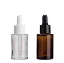 300 stks 30 ml glazen fles platte schouder frosted clear amber ronde etherische olie serum-fles met glazen druppelaar verpakking flessen SN2774