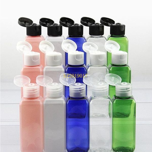 300 pièces 50 ml (1 2/3 OZ) couleurs assorties remplissage bouteille en plastique PET bouteilles d'échantillon carrées avec bouchon à rabat facile vente en gros