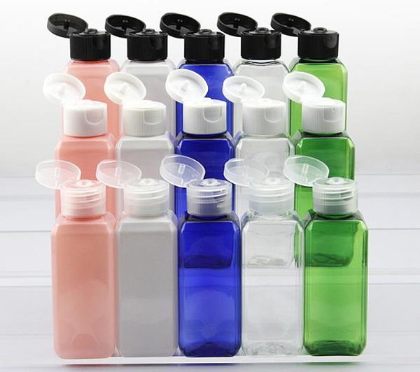 300pcs 50ml (1 2/3OZ) Botellas de muestra cuadradas de botellas de PET de relleno de colores surtidos con tapa abatible fácil al por mayor SN4327