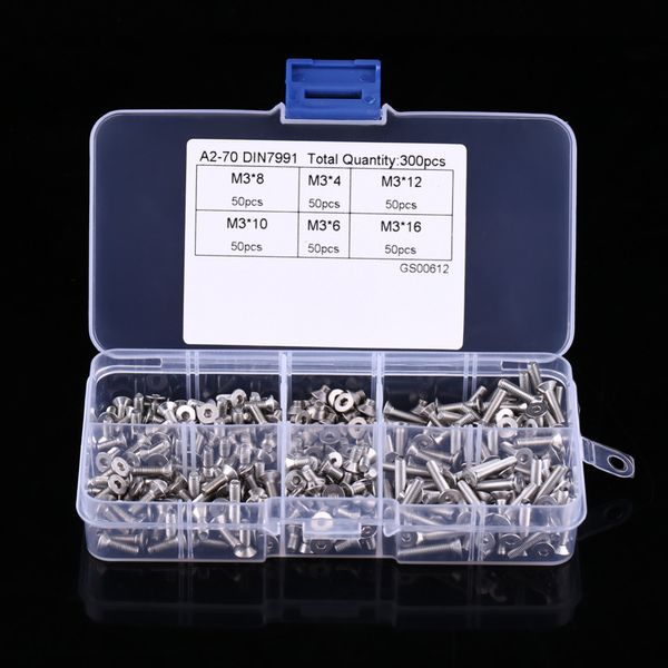 Freeshipping 300pcs / Box M3 Tornillos de cabeza hexagonal Tornillos de máquina de cabeza plana de acero inoxidable Tornillo Tuerca Surtido Kit Sujetador Herramienta de hardware