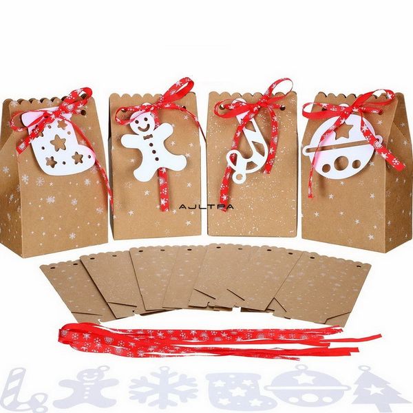 Assortiment de sacs-cadeaux de Noël 300 pièces sacs de faveur en papier Kraft avec étiquettes-cadeaux de vacances pour fournitures de fête de noël