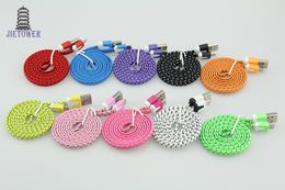 300 stks Kleurrijke nieuwe 1m platte noedel stof nylon gevlochten micro-usb-kabel voor Samsung voor BlackBerry voor HTC-doek Gevlochten kabel