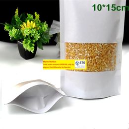 300pcs / lot 10x15cm Stand Up White Kraft Paper Food Storage Emballage Sac à fermeture éclair Zippe Sceau de Dypack Pouche d'emballage avec fenêtre claire LL