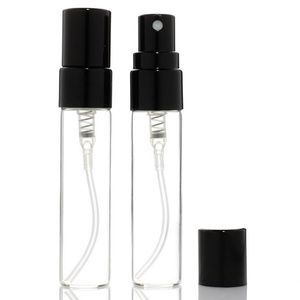 300 stks/perceel 5 ml glazen parfum buis zwarte dop spray transparante glas parfum fles cosmetische toner kleine monster spuitfles