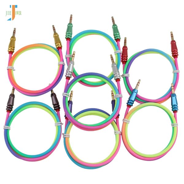 300 unids / lote Aux Cable Jack 3.5mm macho a macho Rainbow Round Bullet Adaptador de cable de audio para auriculares Altavoz Computadora Laptop Wire Aux Cord