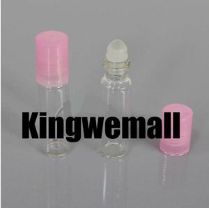 300 unids/lote botella de vidrio de 5ml de capacidad para Perfume o aceite para ojos, tapas de Color rosa