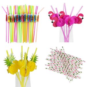 300Pcs Mix color Tropical Umbrella Pineapple Cocktail Straws Disposable Juice Drinking Straw Hawaii Beach Party Decor