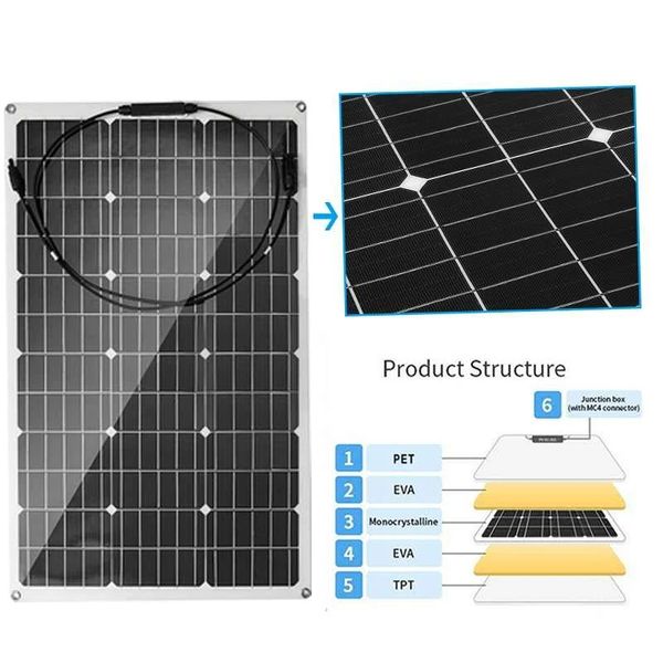 300W / 150W 18V Panel solar Semi-flexible Célula solar monocristalina DIY Cable de bricolaje a prueba de agua RV al aire libre RV Sistema de energía recargable