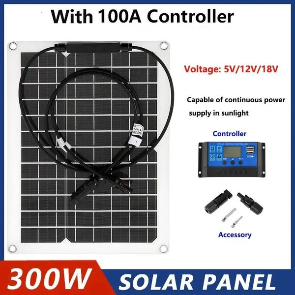 Panel Solar de 300W, Banco de células de energía Solar de 18V con controlador de cubierta de conector IP65 para teléfono, coche, RV, cargador de barco 240110