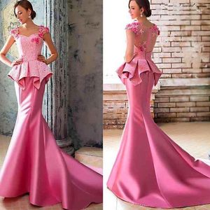 2019 Pink Prom Dress Mermaid evening dresses for women Cap Sleeve off the Shoulder Sweep Train Lace prom gown Special Occasion Dresses