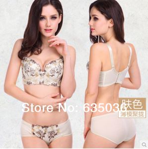 Wholesale-[ABCD CUP]New 2015 Four Hook-And-Eye Super Push Up Bra Set,6Colors Deep V Embroidery Bra And Panty Set,Underwear For Women