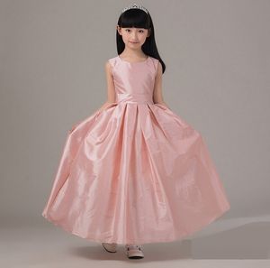 Little Princess Taffate Jewel Neck Long Flower Girls' Dresses Sash Ankle Length A-line Zipper Wedding Party Little Baby Dress