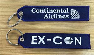 Etichette chiave ricamate in tessuto Ex-Con di Continental Airlines Vendita al dettaglio all'ingrosso e personalizzazione 13 x 2,8 cm 100 pezzi / lotto
