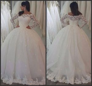 New Arrive Long Sleeve Bateay Sheer Neck Wedding Dresses Ball Gown Lace Applique Floor-length Zipper Bridal Gowns Custom 065