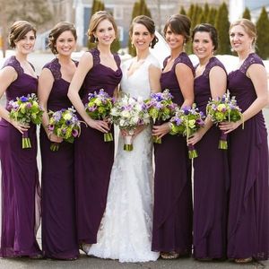 2017 Elegant Aubergine Purple Chiffon Bridesmaid Dresses Long Scoop Lace Shoulder Sheath Maid of Honor Wedding Guest Gown Custom EN11086