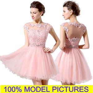 Sheer Neck Short Party Dresses Vintage Lace Applique Beaded Sequin Crystal Mine Hollow See Through Back Cocktail Homecoming Gowns LX011