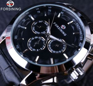 Forsining Business Time Series Black Genuine Leather Strap 3 Ring 6 Händer Män Klockor Top Märke Luxury Automatic Watch Clock Men + Watch Box