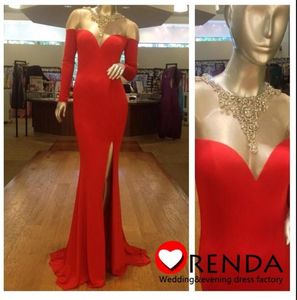 Sexy Red Mermaid Evening Dresse Off Shoulder LongProm Dresses with Side Slit Long Sleeves Court Train Formal Party Gowns