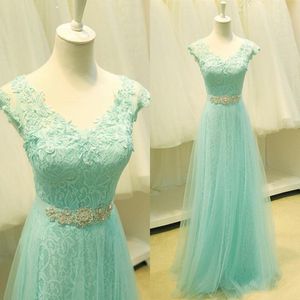 Wholesale mint sheer dress for sale - Group buy 2019 Mint Prom Dresses Spring Party Evening Gowns A Line V Neck Sheer Cap Sleeves Beads Sash Floor Length Tulle Lace Up Back