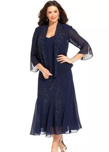 2022 Navy Blue Chiffon Tea längd Mor av brudklänningarna med jacka 3/4 långa ärmar pärlstav plus size Mother Groom Formal Evening Wear