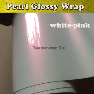 Pearlescent Glossy White Vinyl Wrap With Air Bubble Free Goss Pearl White-rosa bil Wrap Film täcker klistermärken 1.52*20m/roll