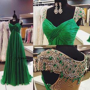 2019 Evening Prom Pageant Guest Gowns Ca Sleeve Dresses With A Line Scoop Sheer Back Beads Crystals Green Chiffon New Long