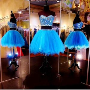 2015 뉴 러블리 짧은 두 조각 블루 홈 커밍 드레스 아가 하트 비즈 크리스털 졸업 Dresse Tulle 미니 댄스 파티 공식 가운 WD178