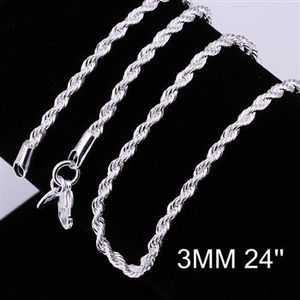 Hot sells 16-24 inches 925 silver jewelry 925 Sterling Silver pretty cute fashion charm 3MM rope chain necklace jewelry