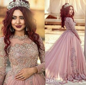 New Hot Cheap Dusty Pink Ball Gown Long Sleeves Wedding Muslim Lace Appliques Crystal Beads Red Carpet Runway Dresses Custom