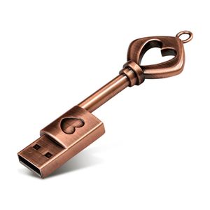 Herzförmiger Schlüssel-USB-Stick aus Metall, echte Kapazität 4 GB, 8 GB, 16 GB, 32 GB, 64 GB, Geschenk, kreativer USB 2.0-Speicherstick, kupferfarben