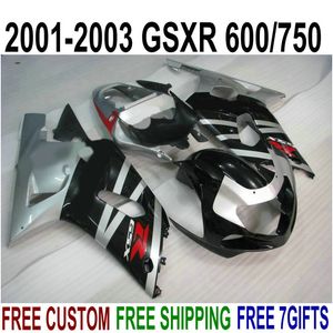 Bodykits de plástico ABS para SUZUKI GSX-R600 GSX-R750 01 02 03 kit de carenagem K1 GSXR 600/750 2001-2003 carenagens de prata pretas SK42