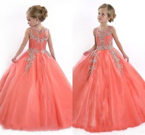 2022 Crew Neck Lace Applique Tulle Girls Pageant Dresses Princess Crystal Beads White Coral Kids Flower Girls Dress Birthday Party Gowns